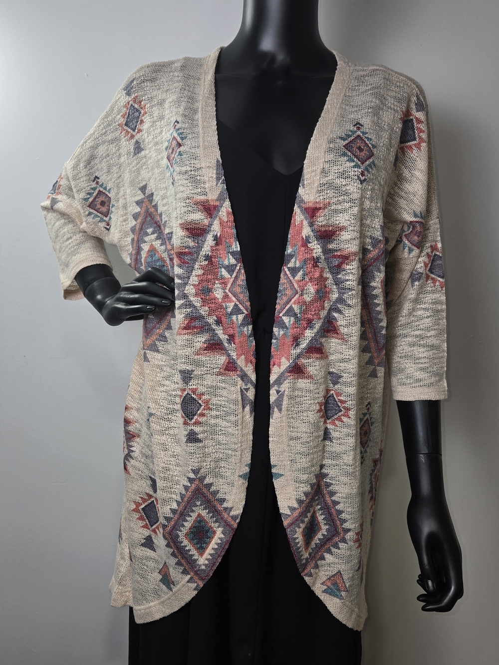 Eclipse Aztec Open-Front Cardigan Sweater - Cream, Red & Blue